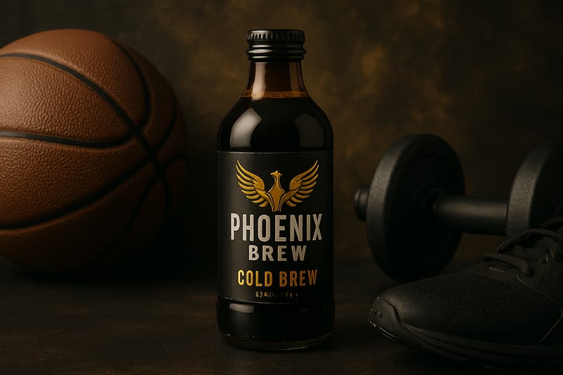 Botella de Fénix Brew Cold Brew sobre fondo con tonos dorados y negros, junto a equipo deportivo. Botella de Fénix Brew Cold Brew sobre fondo con tonos dorados y negros, junto a equipo deportivo.