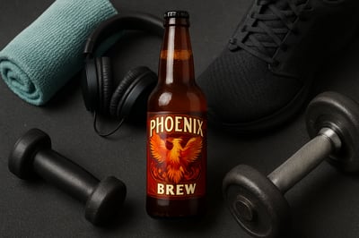 Botella de Fénix Brew junto a accesorios deportivos Botella de Fénix Brew junto a accesorios deportivos